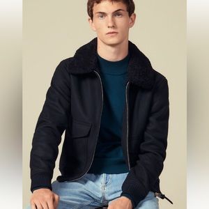 Sandro Aviator jacket with sheepskin collar, size M, Navy Blue, worn once